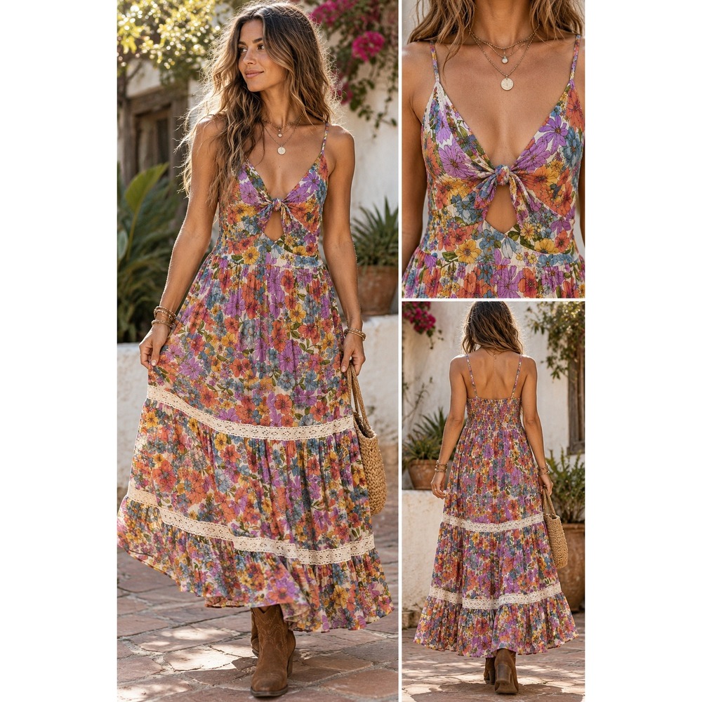 Angie Floral Maxi Dress L Boho Tie Front Cutout Crochet Festival Tiered